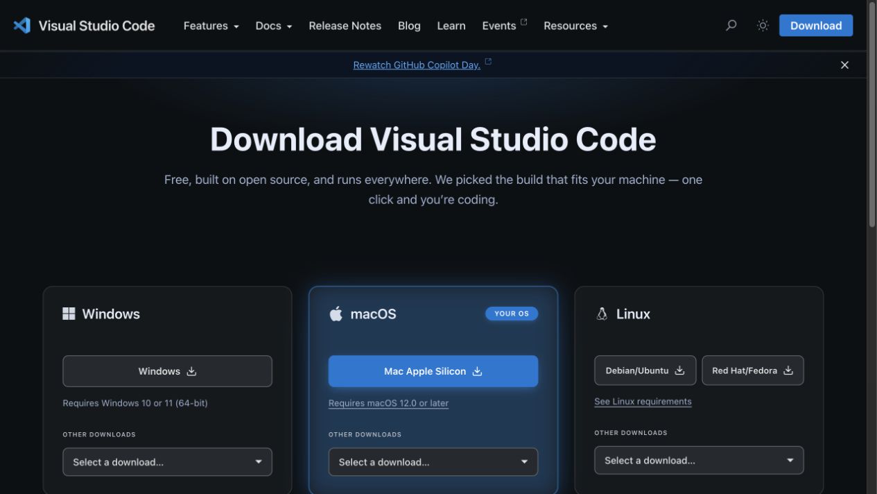 VS Code公式ダウンロード画面。左がWindows、中央がmacOS。