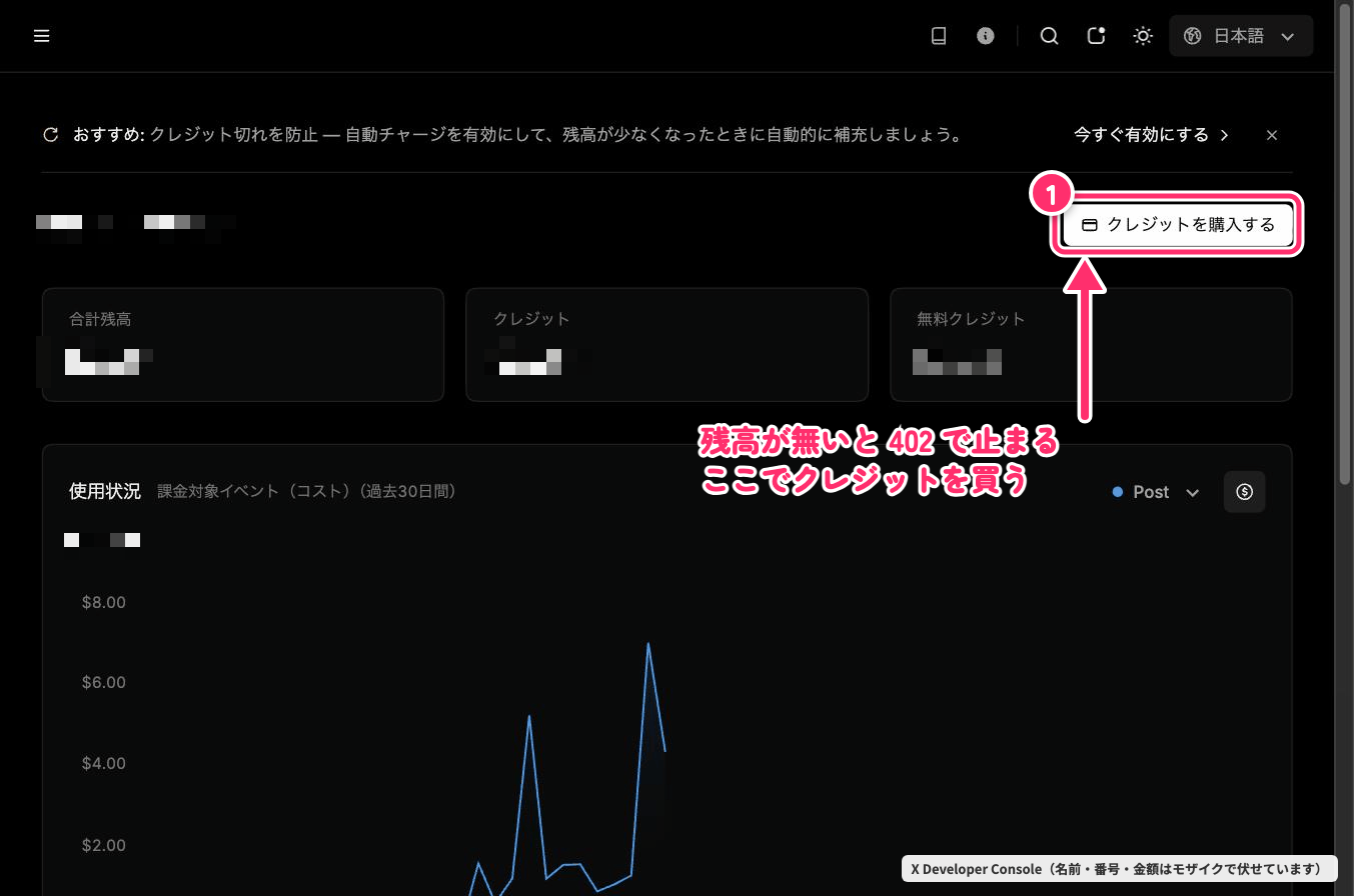 X Developer Consoleホーム画面。クレジット購入ボタンと残高ゼロ警告注釈。