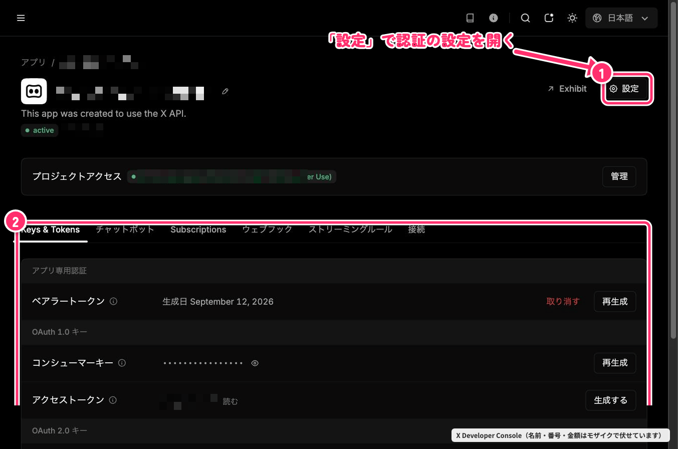 アプリ詳細画面。右上の設定ボタンとKeys & Tokensタブ。